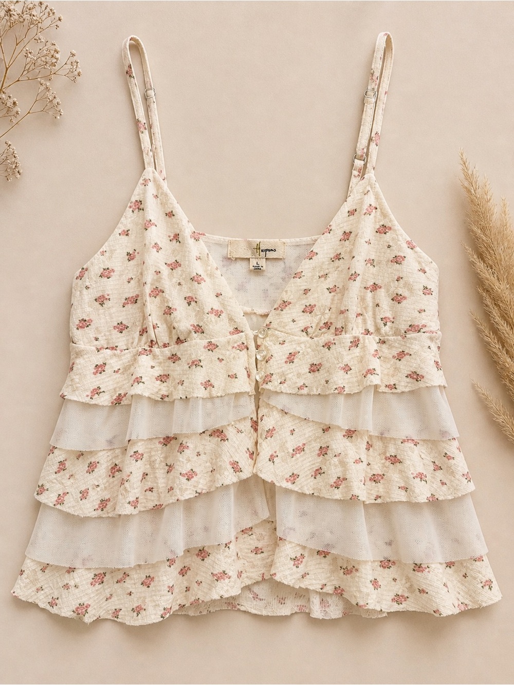 Floral Tiered Ruffle Cami Sheer Mesh Boho Cottagecore Coquette Soft Girl Cropped